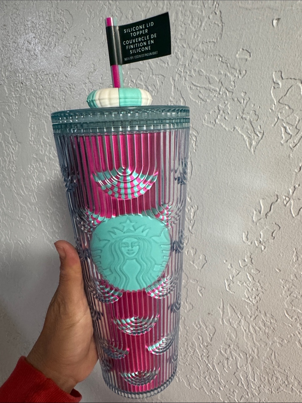 Starbucks Aqua & Pink Ribbed Reusable Tumbler with Silicone Logo Topper